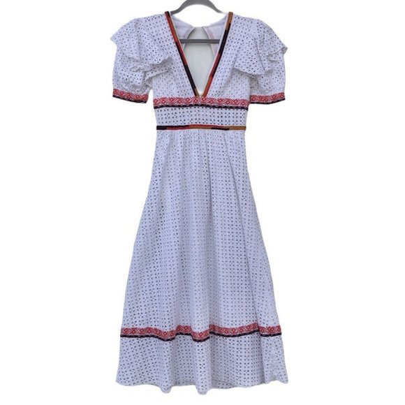 UO Madiera White Eyelet V Neck Midi Dress XS - Picture 2 of 12